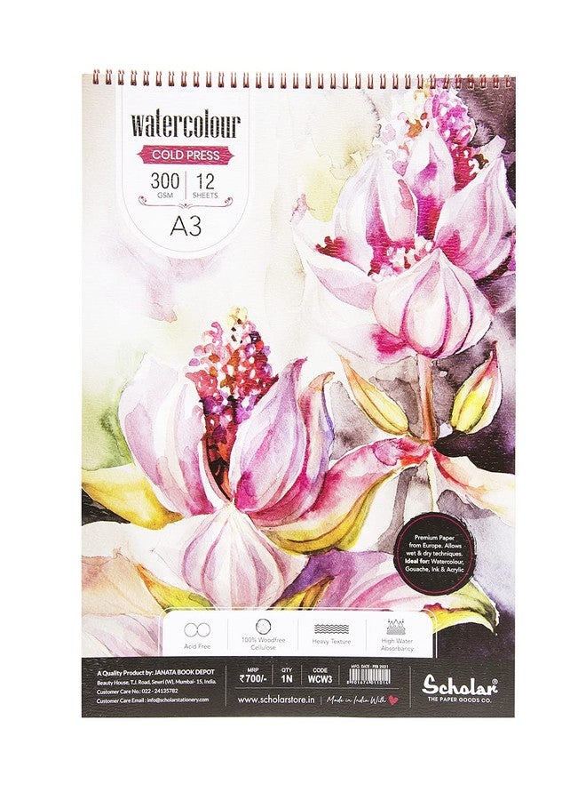 Scholar Watercolor Pad - 300 GSM Cold Pressed Acid Free Paper | Wire-O Bound Artist Pad Suitable for Watercolor, Gouache, Acrylic, Graphite, Pen & Ink (A3) (12 Sheets) - Image 1